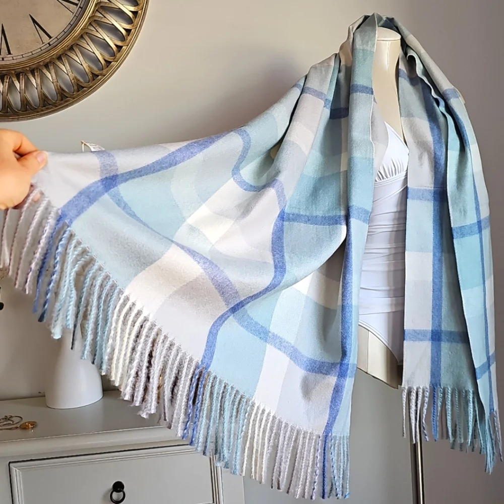 Pretty Pursuasians Scarf Pale Blue White Gray Fringe Scarf Wrap